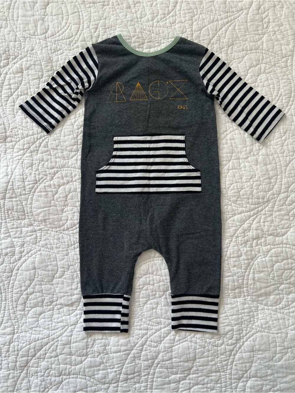 Rags to Raches Charcoal Gray Striped Sleeve & Pocket Romper with Gold Logo